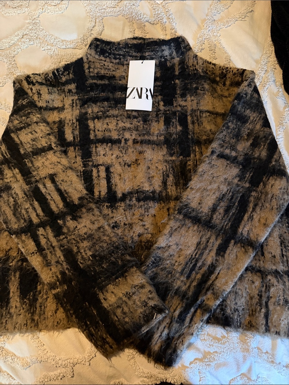 Zara Women’s Brown and Black Plaid Fuzzy Turtleneck Sweater